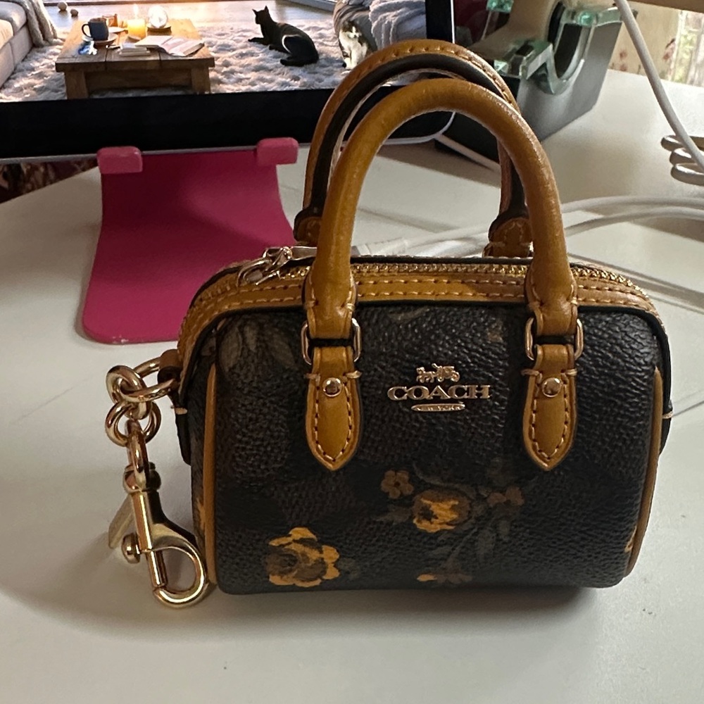 Coach Black Mini Floral Satchel Keychain with Mustard Trim